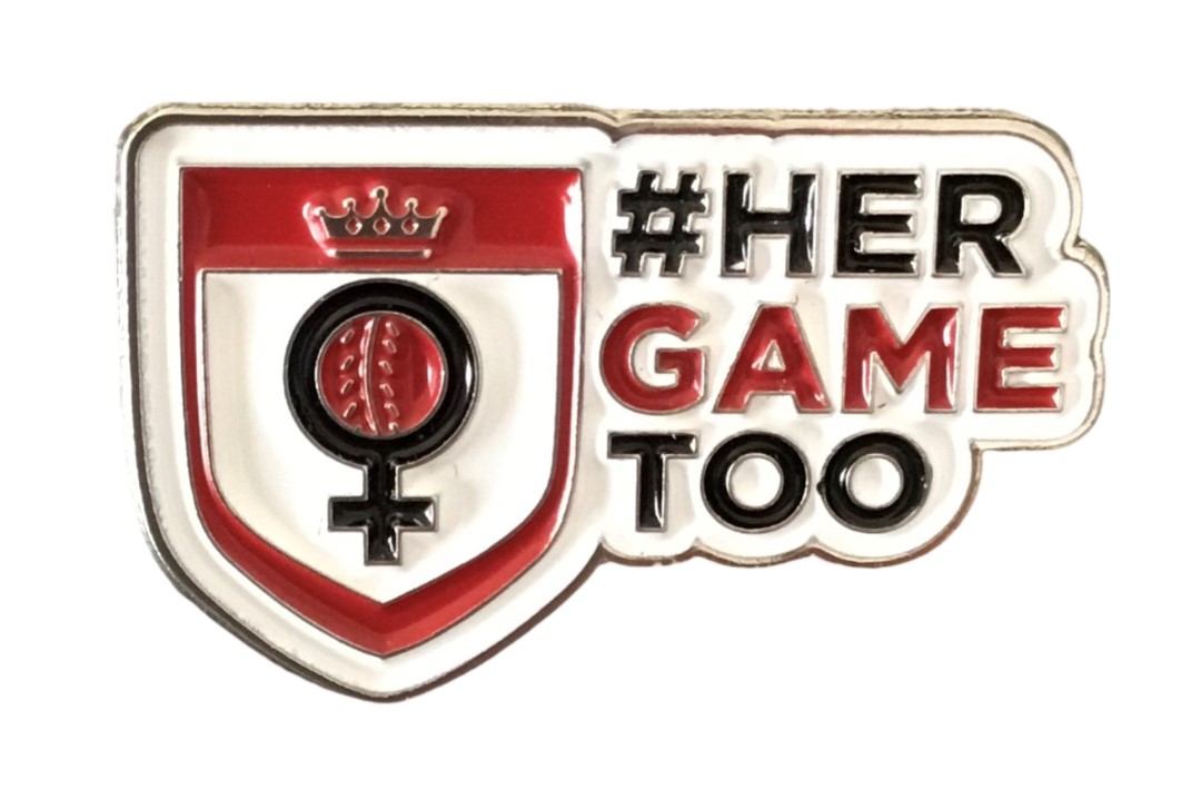 her game too cricket pin badge